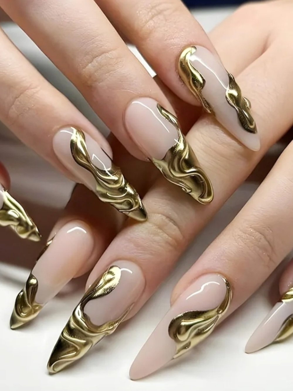 NIB Gold French Tip Press on Nails Stiletto Nails Nude Nails